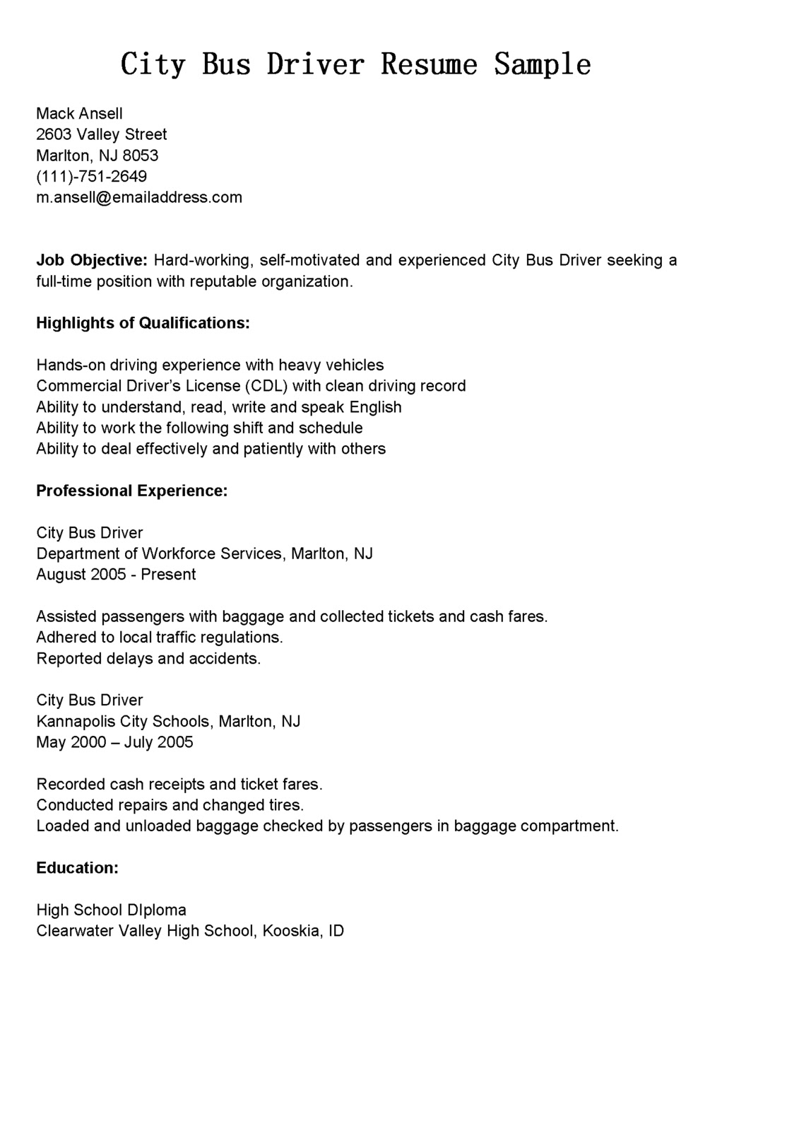 Tow truck driver sample resume